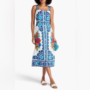 FARM Rio Flower Tapestry Button Front Linen Midi Dress